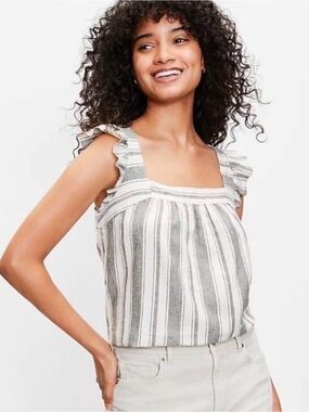 LOFT dark Gray &  White Striped Ruffle-Shoulder Tank top shirt blouse small
